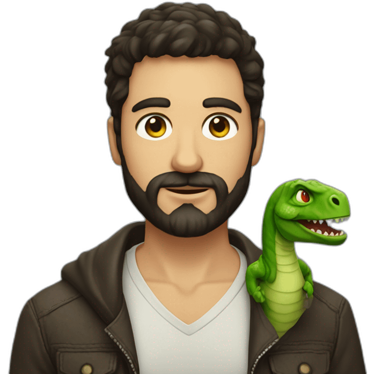 nice man green eyes, dark hair and barbe holding a dinosaur emoji