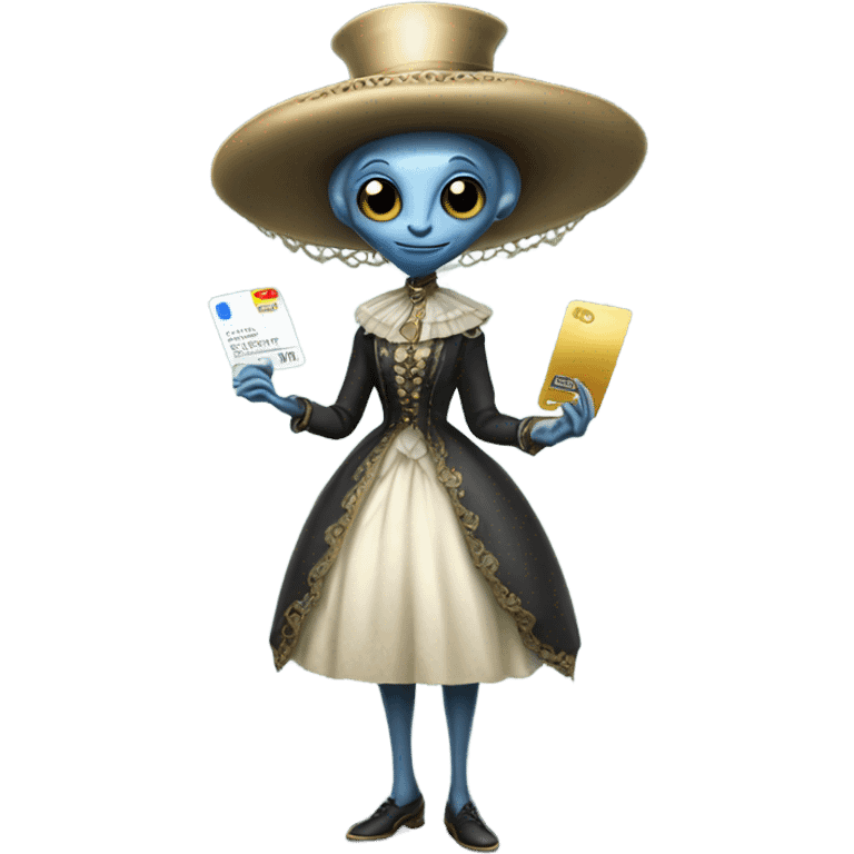 alien galora in Victorian dress elegant, full body, holding big credit card emoji