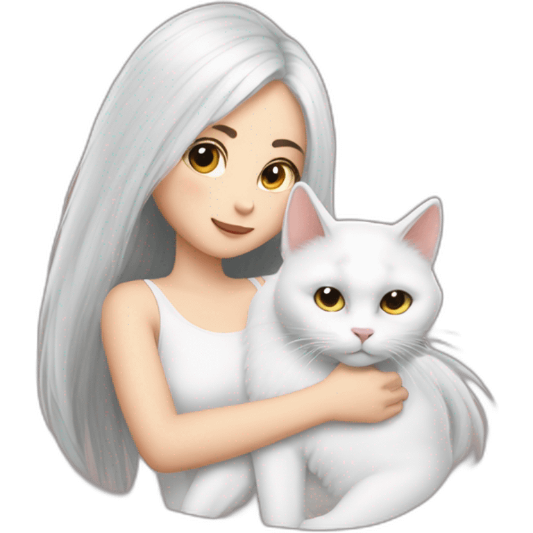 A girl with long dark hair and a white fluffy cat is lying on her right shoulder emoji