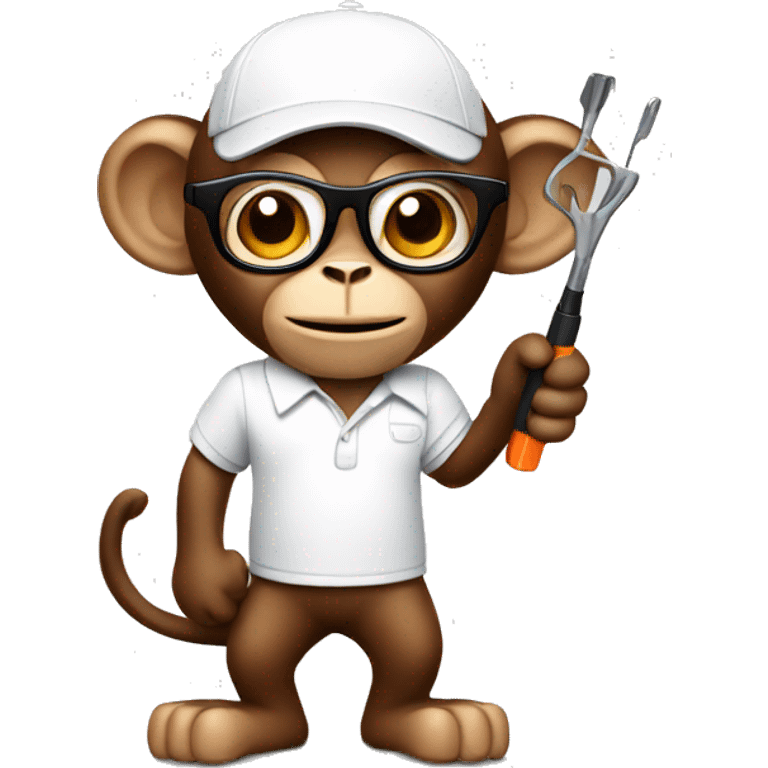 brown monkey in a white polo and white polo with glasses holding a screwdriver emoji