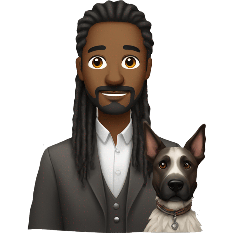 man with dreadlocks, mustache and goatee alongside a brindle colored dutch shepherd dog emoji