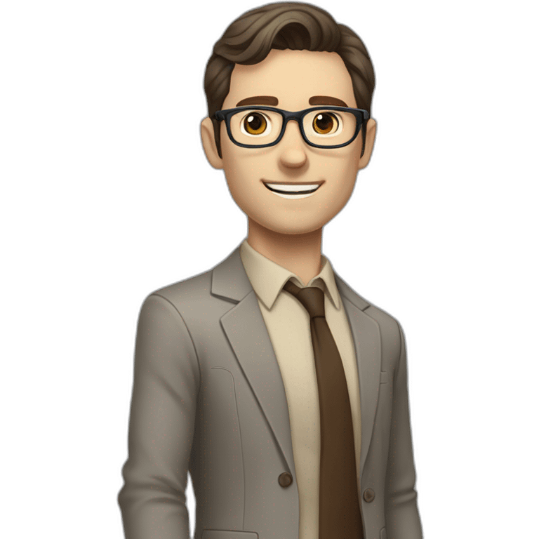 Full height Pale skinned fit man with dark brown hair in gray jacket, beige office shirt, brown tie, brown pants and vintage glasses. His right hand stretched out emoji