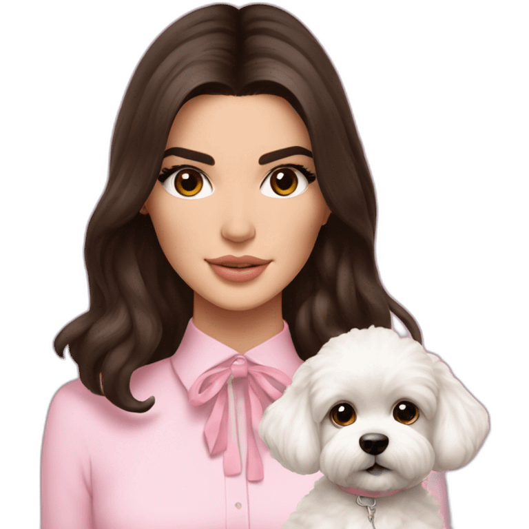 brunette Kendall Jenner with long hair holding on the hands white maltipoo wear on pink collar emoji