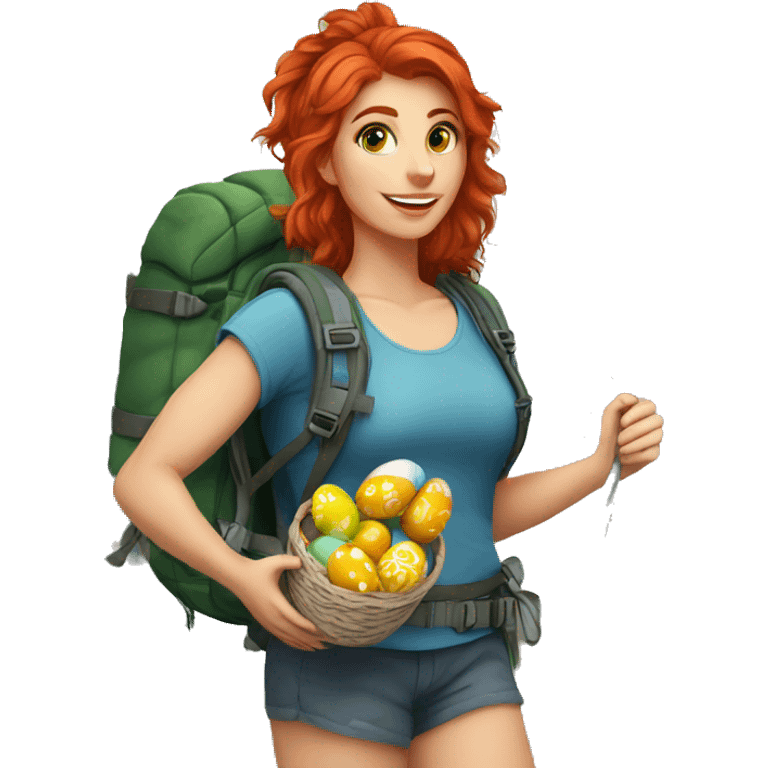 Greek flag background Female mountain climber red hair climbing with Greek flag on backpack and holding Easter eggs basket emoji