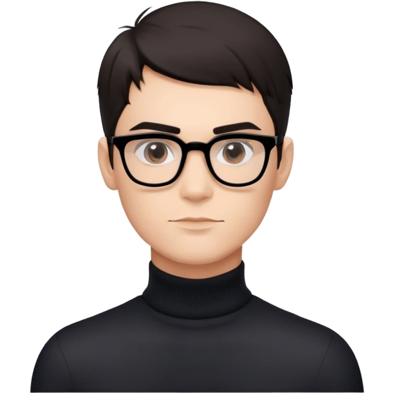 Create a high-quality Apple-style emoji avatar with a clean and polished 3D look. The character should have smooth shading, soft facial features, and a professional finish. Design a stylish male avatar with short, neatly styled dark hair, well-defined eyebrows, and a confident yet friendly expression. The avatar should wear modern, minimalist glasses and a sleek black turtleneck for an elegant and sophisticated look. Ensure the lighting is balanced, with subtle highlights and shadows for depth. The background should be a simple neutral gradient to keep the focus on the character. emoji