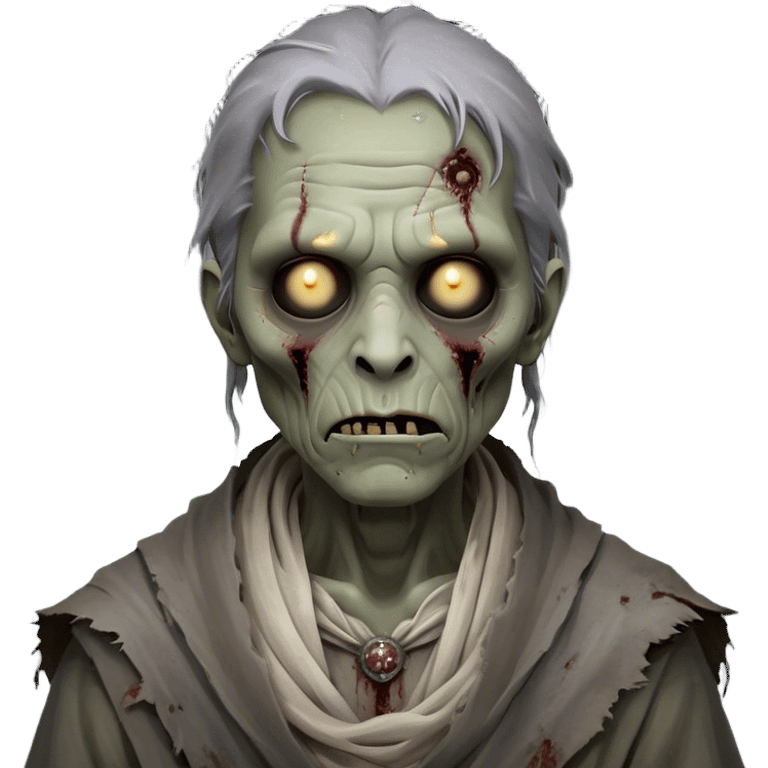 Cinematic Noble Zombie Portrait Emoji, Surprisingly dignified and somber, with a decaying yet strangely regal visage in ashen grays and muted tones, draped in tattered attire hinting at a lost grandeur, simplified yet meticulously detailed, glowing with a soft, eerie radiance and a gentle outline that evokes the tragic nobility of the undead! emoji