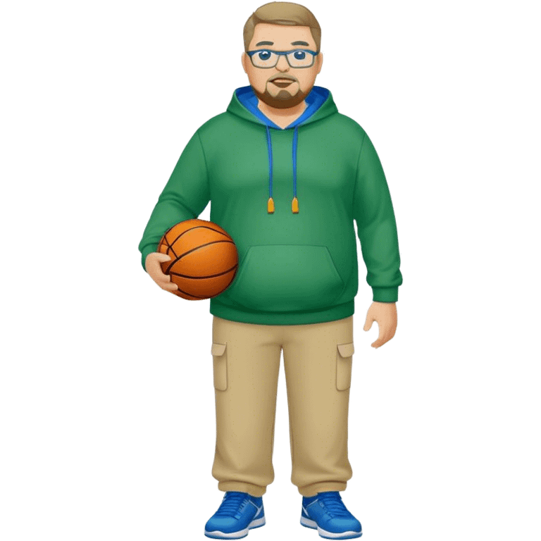 full body white obese male basketball coach with trophy. Goatee , Wearing glasses and blue and green hoodie and khaki pants emoji