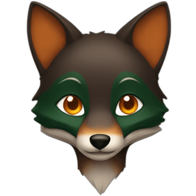 small dark brown fox with orange eyes and a dark green hood that smile emoji