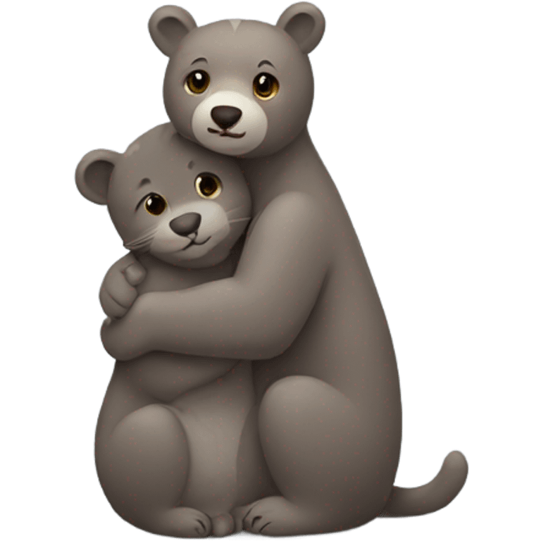 brown bear cub hugs gray cat emoji