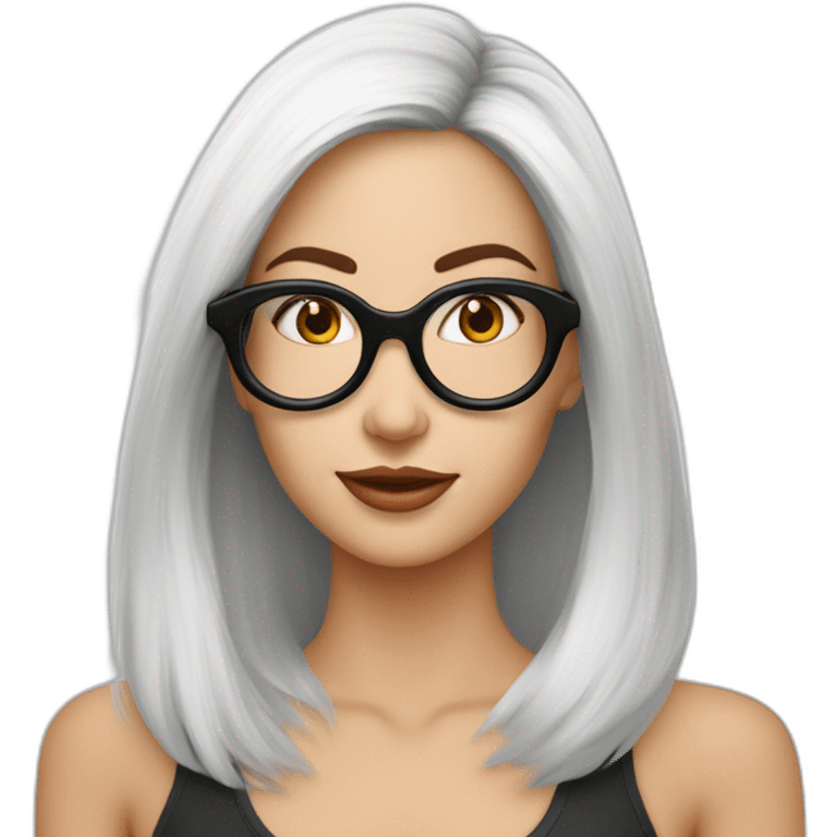 mujer piel blanca gafas pelo largo negro lacio con camarones en plato emoji