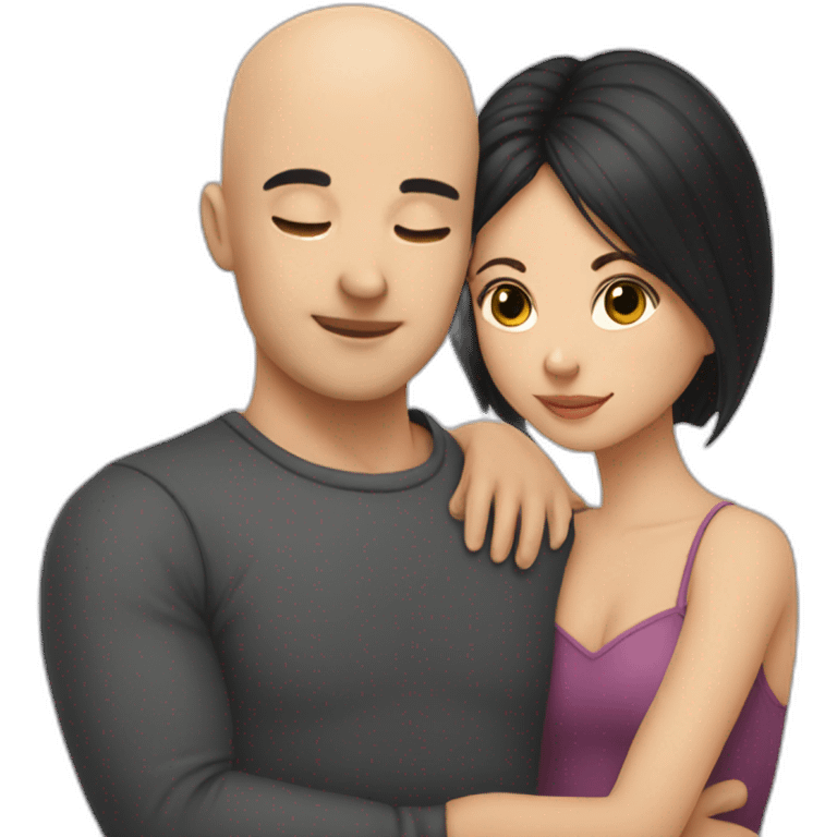 Bald boy hugging a dark hair girl emoji