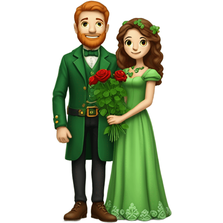 A little leprechaun, giving red roses and clovers, to a very tall brown haired queen emoji