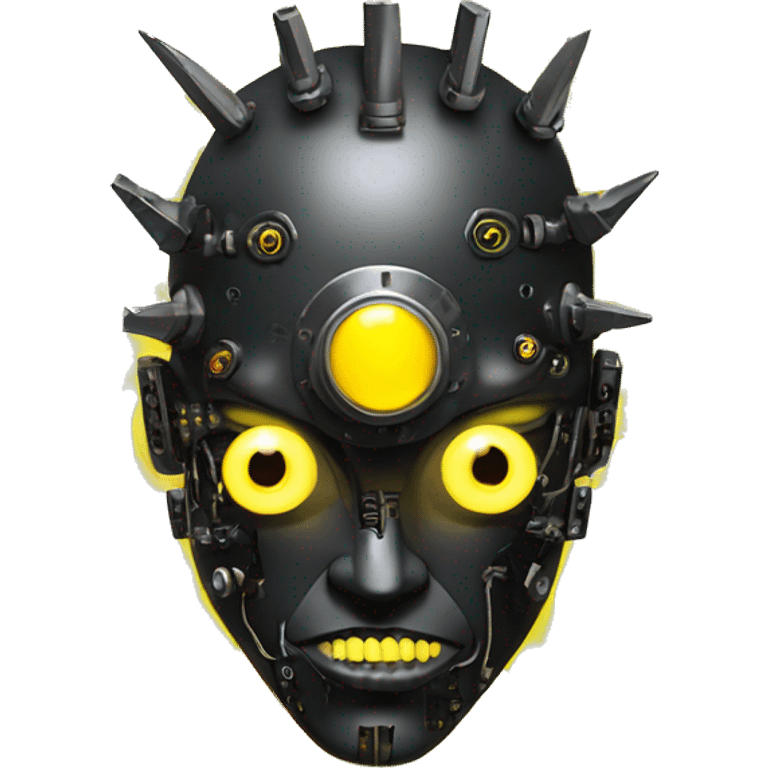 black metal cyborg head with circuitry, one artificial eyeball, and yellow Mohawk goatee emoji