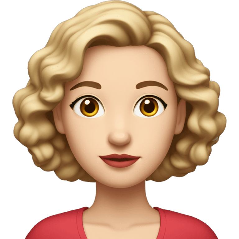 She is white, she has soft features, fair skin, and almond-shaped eyes. Her defined eyebrows and natural pink lips frame her face. Her dark, wavy hair is partially tied back, giving her an elegant yet relaxed look. She wears a luxurious red V-neck dress.
 emoji