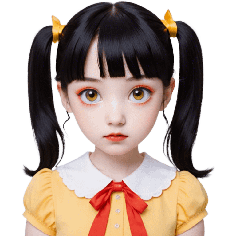 Face: Round with a porcelain-like finish, slightly eerie but innocent expression.
	•	Eyes: Large, dark, and slightly glossy, with a red sensor-like glow when activated.
	•	Hair: Black, neatly tied into two low pigtails with short bangs.
	•	Outfit: Yellow-orange short-sleeved shirt with a Peter Pan collar and a high-waisted orange jumper dress.
	•	Details: A small, unsettling smile and a slightly tilted head to capture her eerie nature. Style Apple emoji. Full size doll emoji