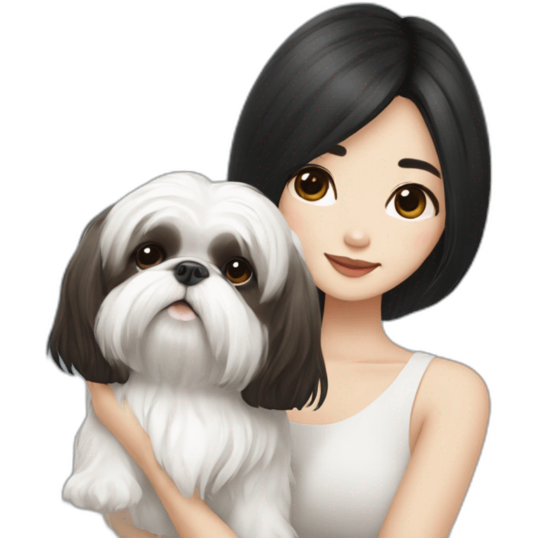 long black hair korean girl with white and brown shih tzu emoji