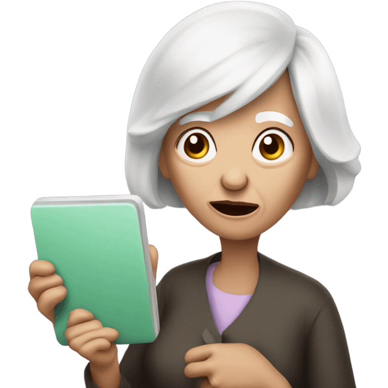 An old Woman 50 years with white hair and Bob cut with a broken tablet in the Hand an shocked  emoji