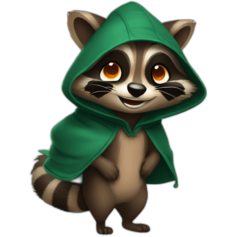 brown raccoon with orange eyes and a dark green hood that is laughing emoji