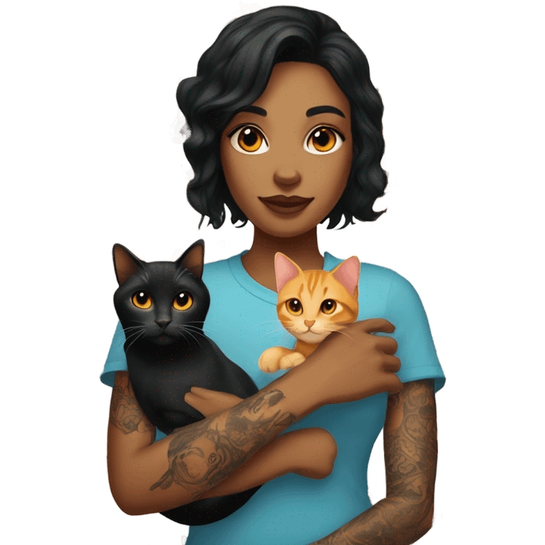 Black haired girl with tattoos holding an orange tabby cat  emoji