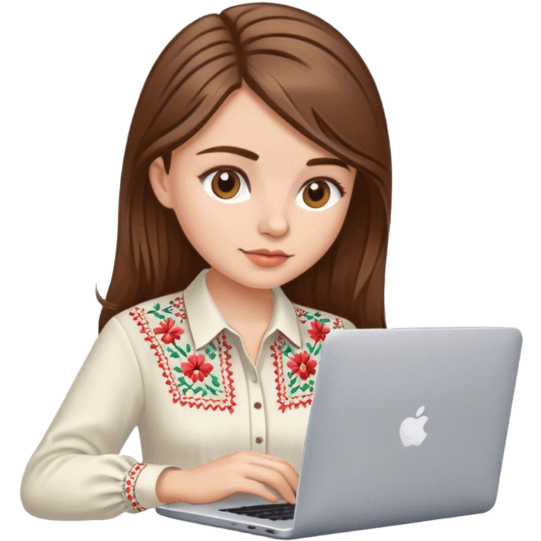 A Ukrainian girl with brown hair in an embroidered shirt works at her laptop emoji