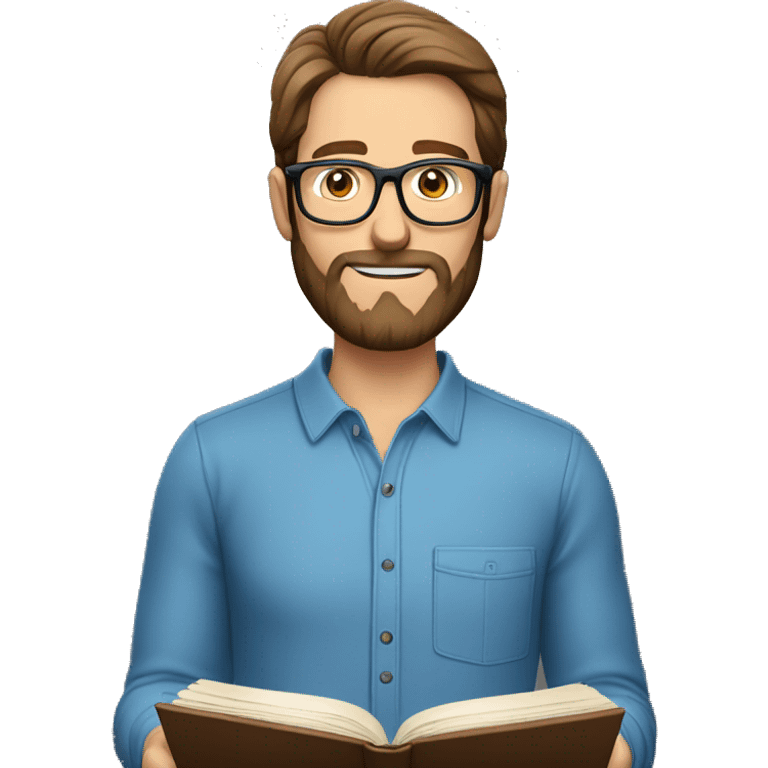 Caucasian man reading book. Brown hair, glasses, and a beard. Blue eyes and wearing a long sleeved shirt emoji