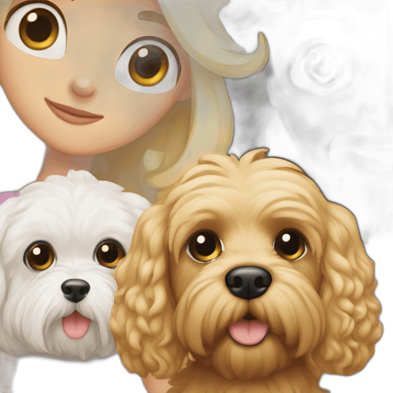 White Cavapoo with a blonde girl and a bearded dark haired guy emoji