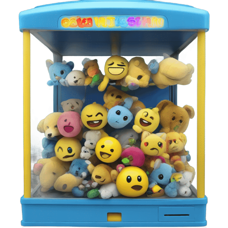 A blue and yellow claw machine with plush toys inside emoji