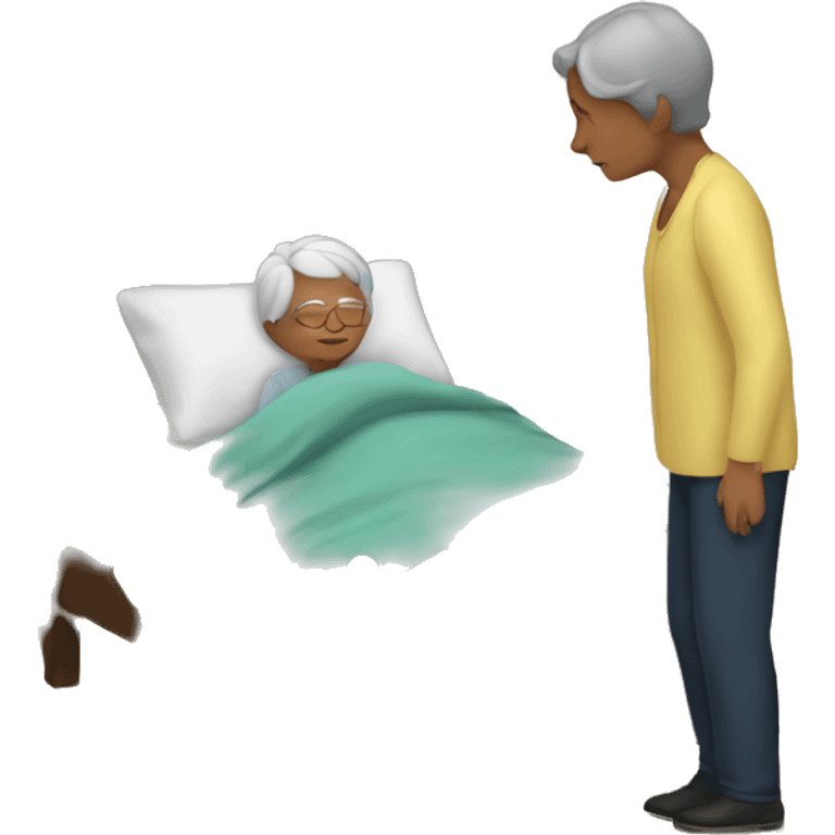 A boy sleeping in a bed and grandma standing beside the bed emoji