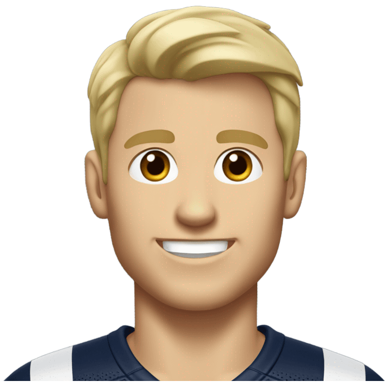 Skinny Caucasian male blonde combed over hair smiling wearing a Houston Texans polo emoji