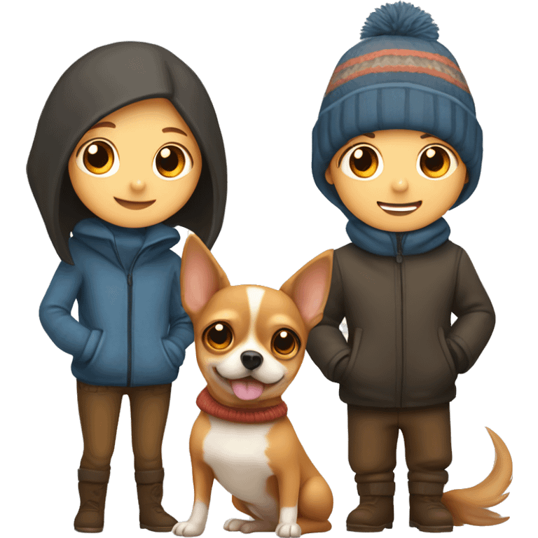 Boy and girl with winter clothes in front of fire with two chihuahuas alongside  emoji