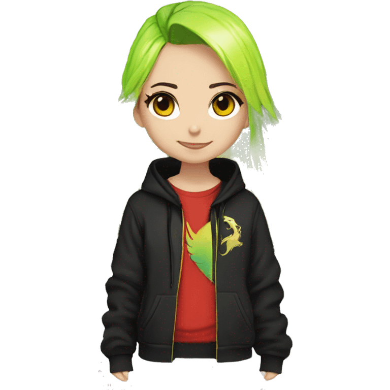 Lady with brunette and iridescent blue hair, gold, lime green dragon wings, black hoodie, bleach dyed, black and gold Nike t shirt, and bright red eyes emoji