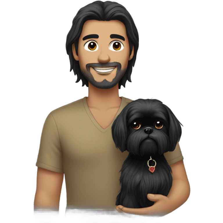 Guy with long black hair holding a black shih tzu emoji