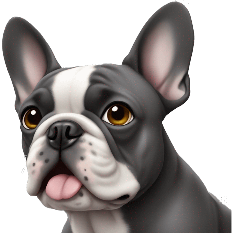 Dark gray French bulldog male, hazel eyes, one ear emoji