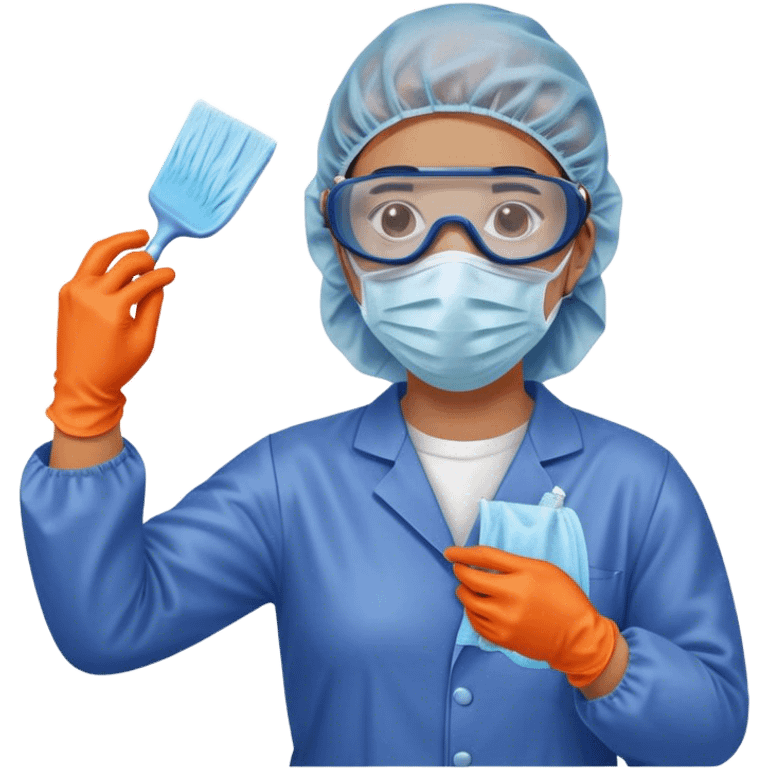 A meticulous cleanroom worker dressed in full protective gear, including a blue sterile suit, a face mask,  and orange gloves.  cleaning glasses with a wipe emoji