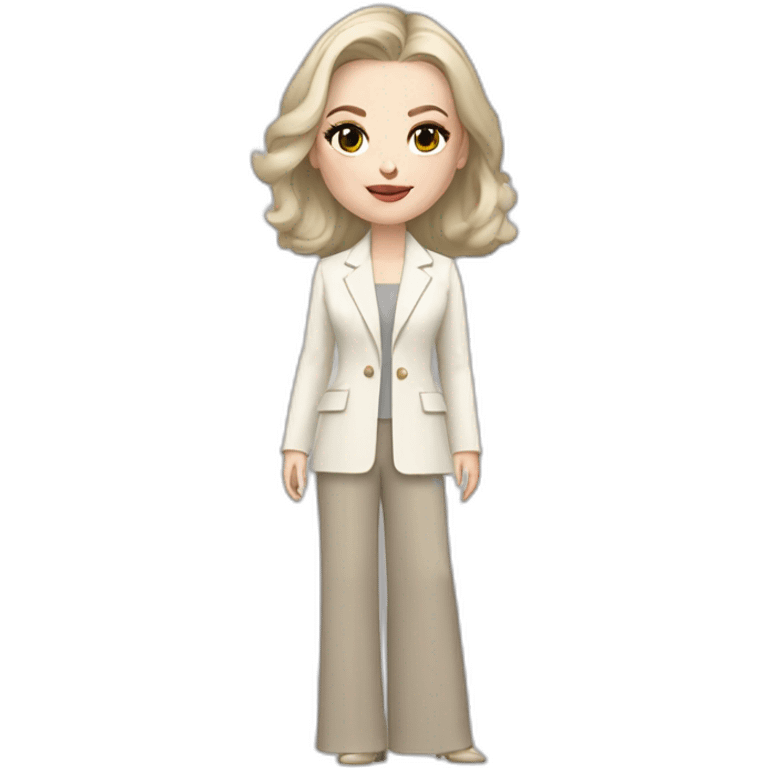 pale skin woman with ash blonde Straightened bob Hair, White Spacious classical jacket, beige palazzo Arrow pants and gray blouse holding a color palette in the hands emoji