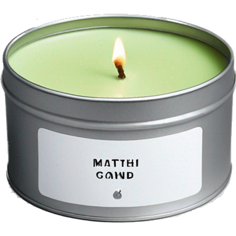 minimal matcha scented lit candle in small silver tin with realistic label emoji