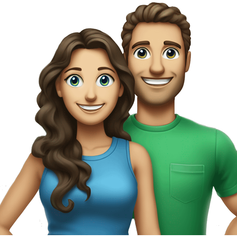 Woman with blue eyes and dark brown long wavy straight hair smiling standing next to a man with short but curly on top dark brown hair and blue/green colored together posing for a picture to put onto their flyer for their address curb painting service  emoji