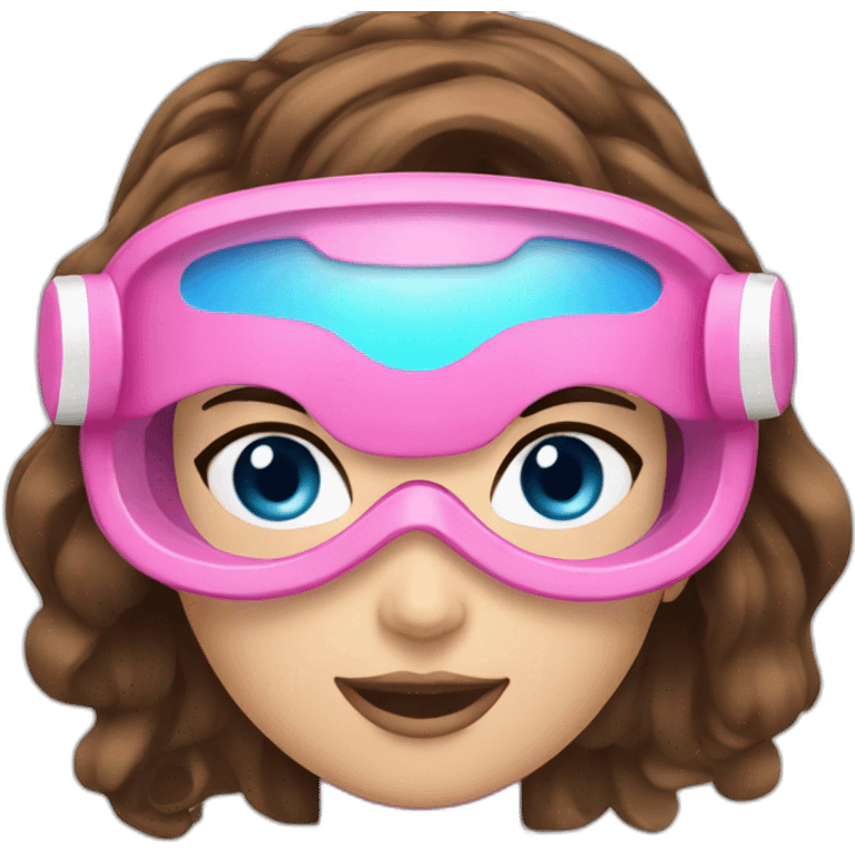 woman large and straight brown hair, pink diving mask with a single crystal with blue eyes. underwater swinsuit emoji