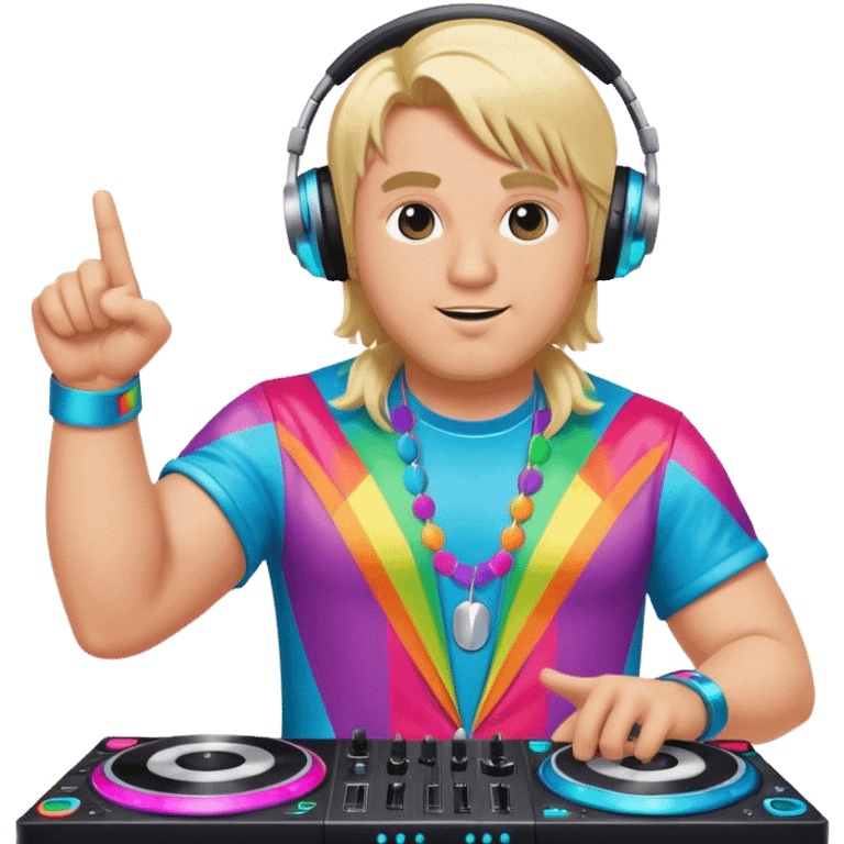 blond big man in colorful dj outfit pointing next to him emoji