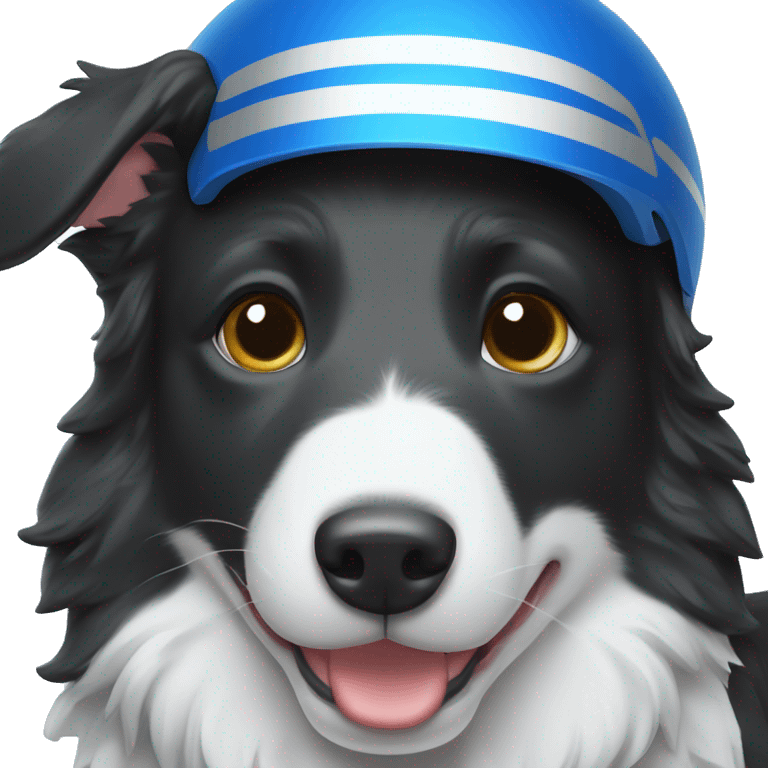 Border collie wearing a bright blue football helmet with silver stripe emoji