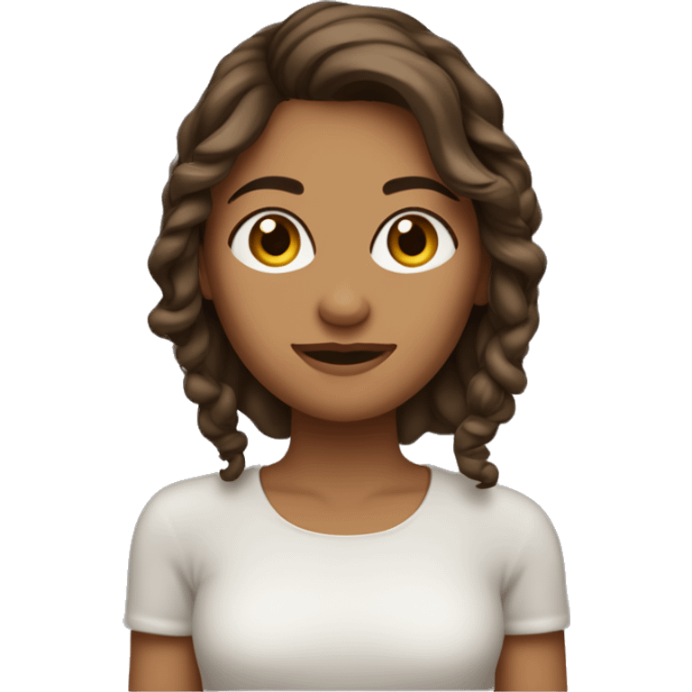 mulher, com o cabelo liso castanho escuro no ombro, branca, com sardinhas no rosto, cílios e olhos castanho escuro.  emoji