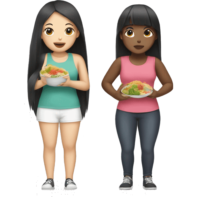 Big back Asian girl and black girl eating emoji