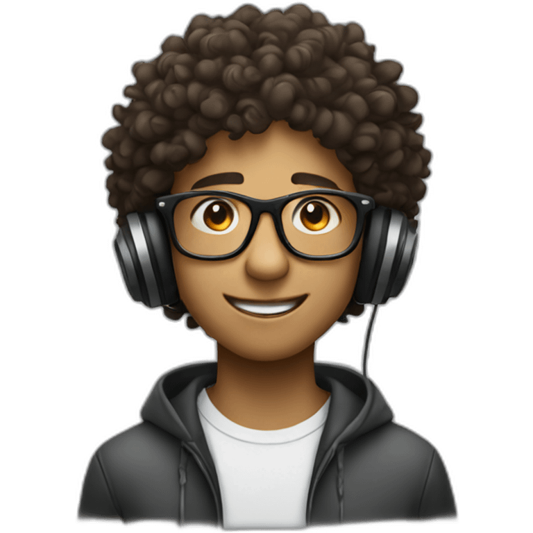 a boy with curly hair and glasses enjoying the music he is listening to emoji