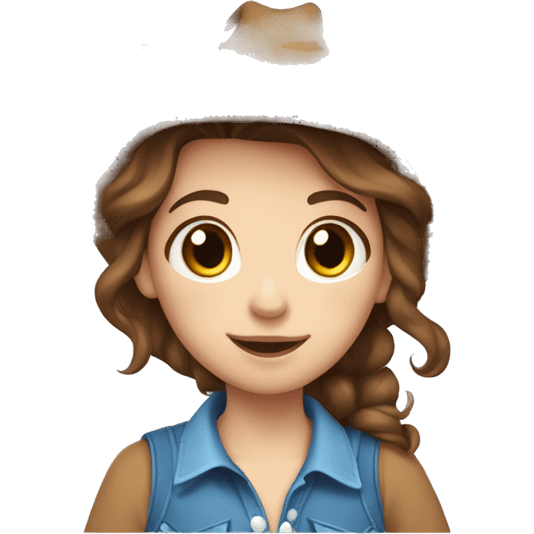 , a cow girl with brown hair, dressed in a blue top decorated with stars, ((in love)), surrounded by a white outline, emoji