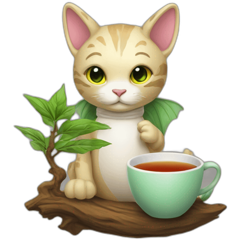 Cat dragon -scientist-with cup tea and tree emoji