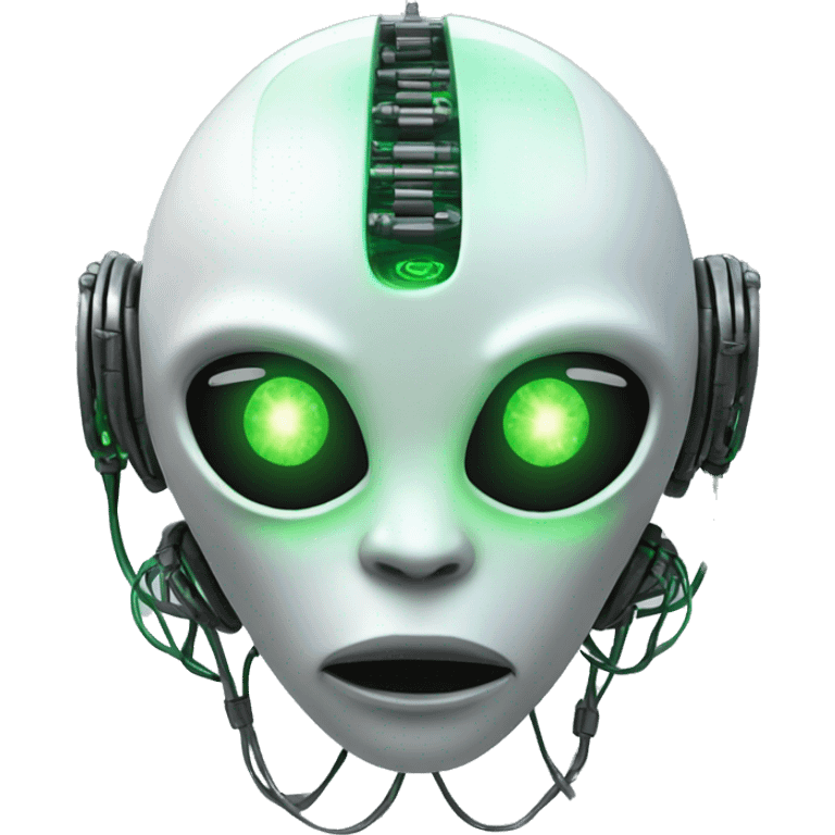 Round Alien cyborg head with glowing wires and green eyes  emoji