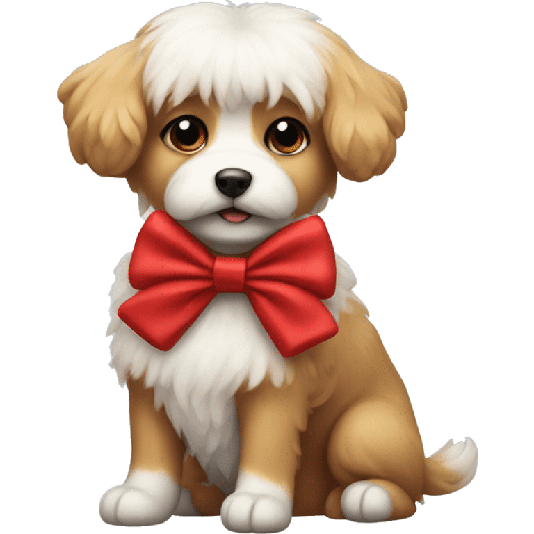 Small fluffy dog wearing a red bow emoji