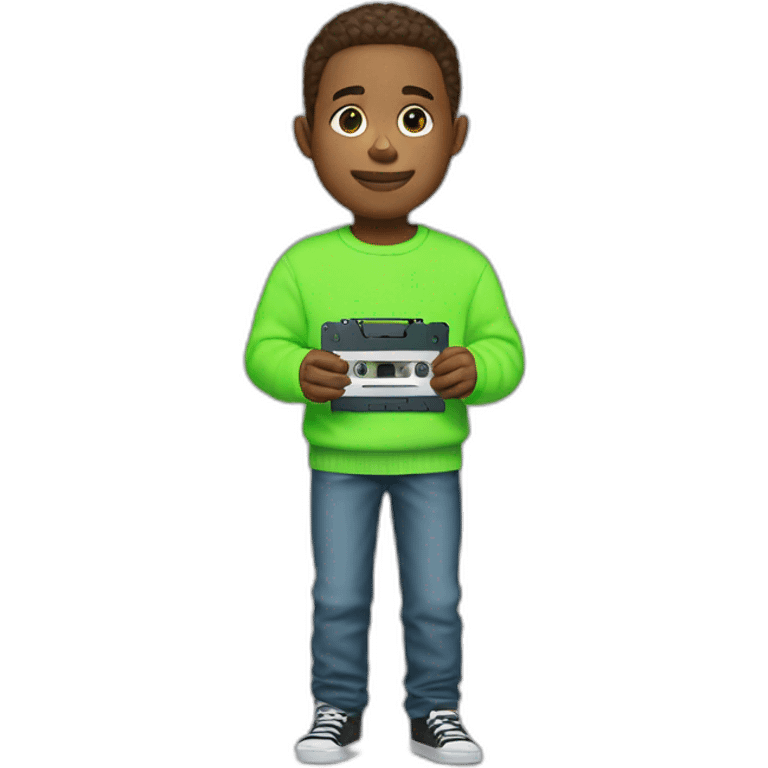 boy in neon green sweater with cassette in his hand emoji