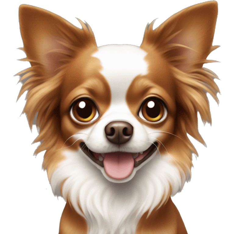 Long haired reddish brown chihuahua with white spots playing emoji