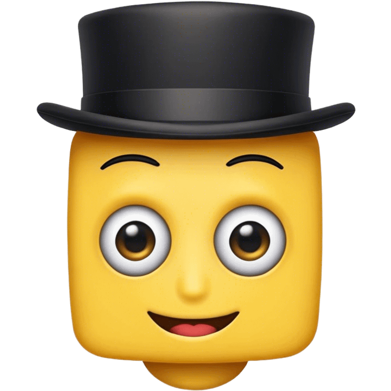 this is an emoji with yellow skin. with blocky head. with big eye and big mouth. and a black top hat. emoji